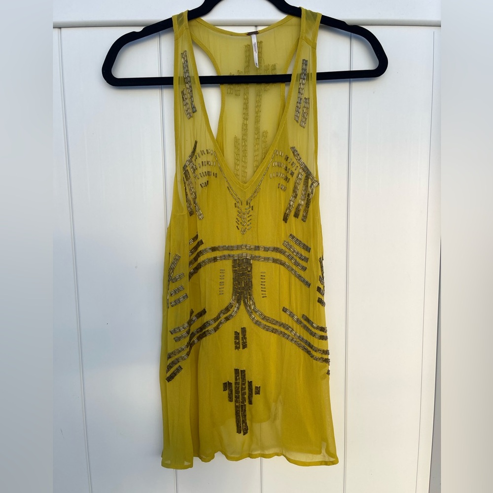 Free People Chartreuse Sheer Beaded Racerback Tunic Blouse Yellow XS Boho